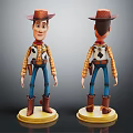 Woody Cowboy Toy Figure Front Back View Brown Hat Vest Blue Pants On Yellow Base
